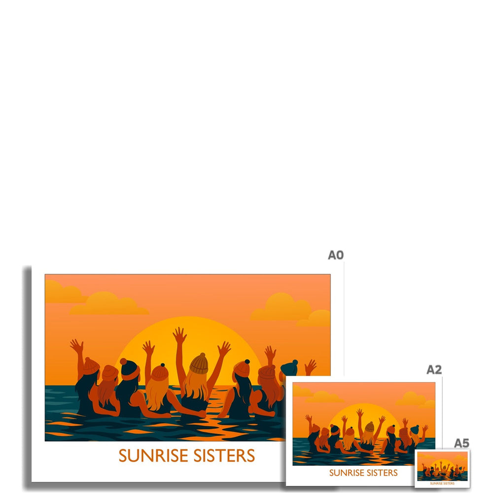 Sunrise Sisters wild swimming art print shown in multiple sizes for wall display