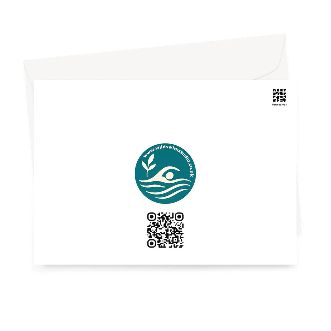 Back of Sunrise Sisters wild swimming greeting card with Wild Swim Studio logo and QR code