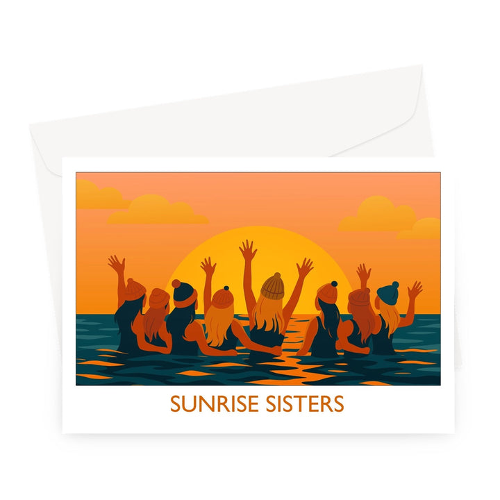Wild swimming greeting card featuring women swimming together at sunrise, titled Sunrise Sisters