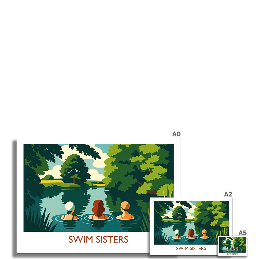 Swim Sisters wild swimming art print shown in the available multiple sizes from A0 to A5, depicting three swimmers in a tranquil river scene, printed on premium FSC-certified paper.