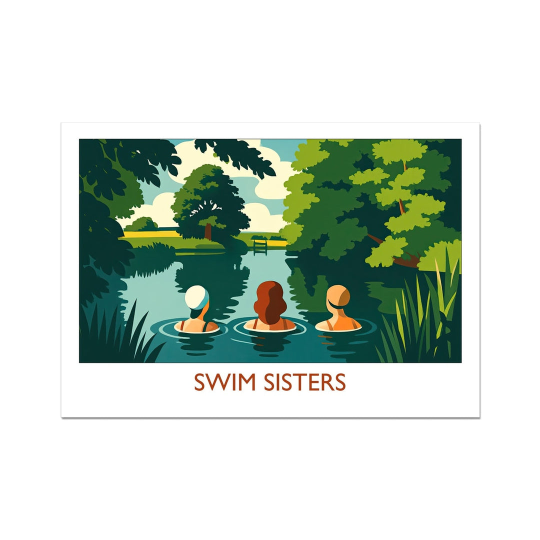 Swim Sisters wild swimming art print featuring three women swimming together in a calm green river surrounded by lush trees, celebrating friendship and open water swimming.