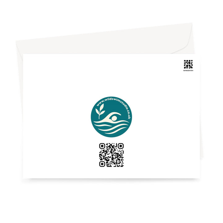 Back of Swim Sisters wild swimming greeting card with Wild Swim Studio logo, printed on smooth white card with matching envelope.