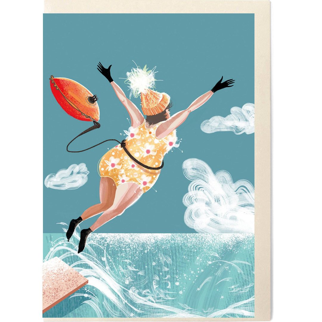Swim Wild &amp; Free greeting card featuring a joyful outdoor swimmer leaping into the water with a tow float