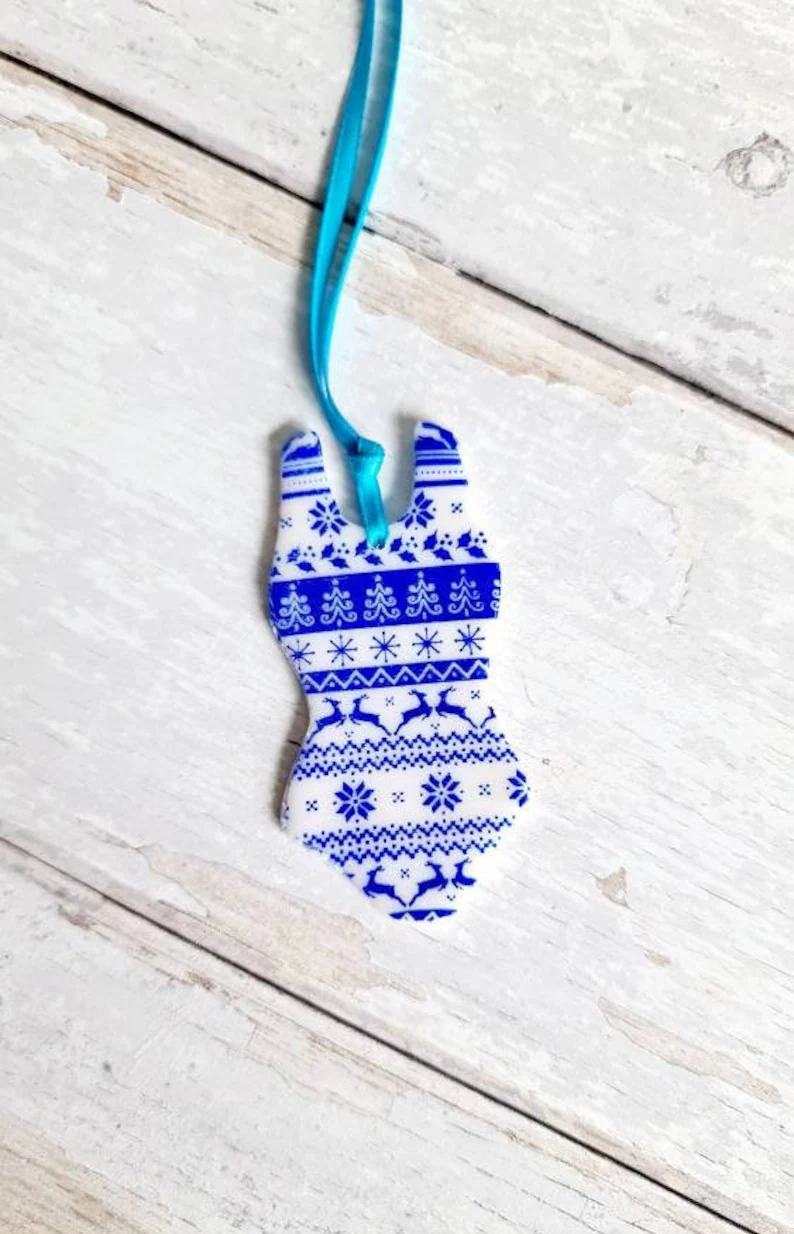 Handmade swimsuit Christmas tree decoration in cobalt blue Scandi design with satin ribbon – festive ornament for swimmers.
