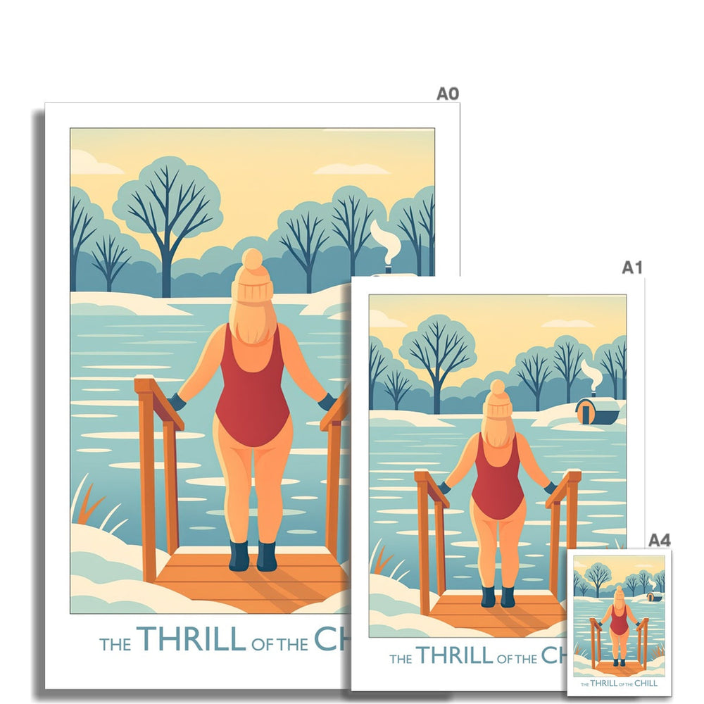 Size guide for The Thrill of the Chill cold water swimming art prints by Wild Swim Studio, available unframed in A0–A5 sizes.