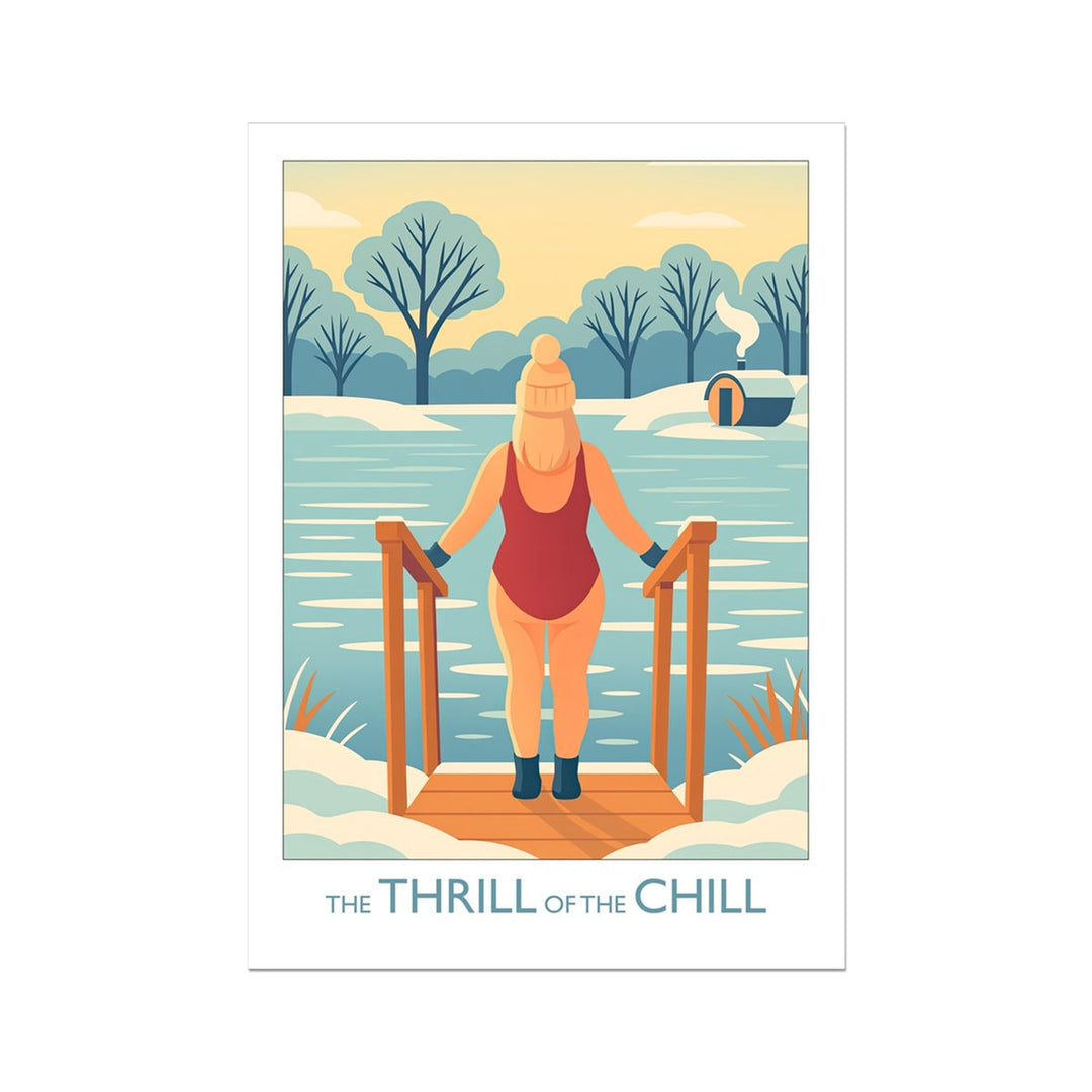 Art print illustration of a winter swimmer stepping carefully into icy open water — capturing the thrill of cold water swimming in soft winter tones.