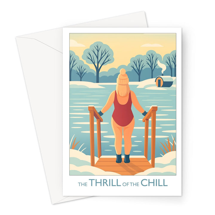 Greeting card illustration of a woman in a red swimsuit and bobble hat stepping into icy water, capturing the thrill of cold-water swimming in a winter landscape.
