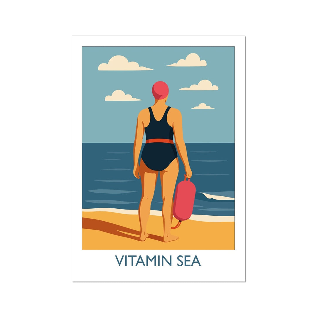 Wild swimming art print featuring a swimmer standing at the shoreline with a tow float, titled Vitamin Sea