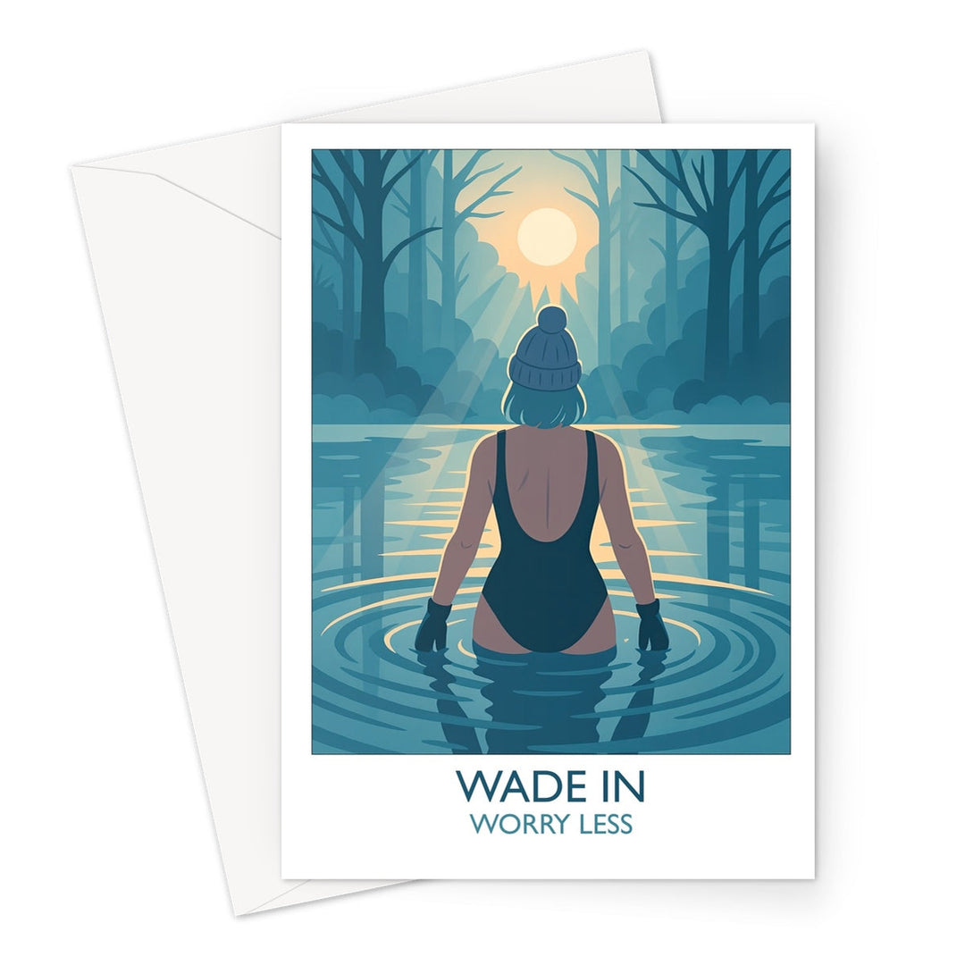 Illustrated greeting card featuring a cold-water swimmer wading into calm water at sunrise, wearing a bobble hat and gloves — captioned Wade In, Worry Less.