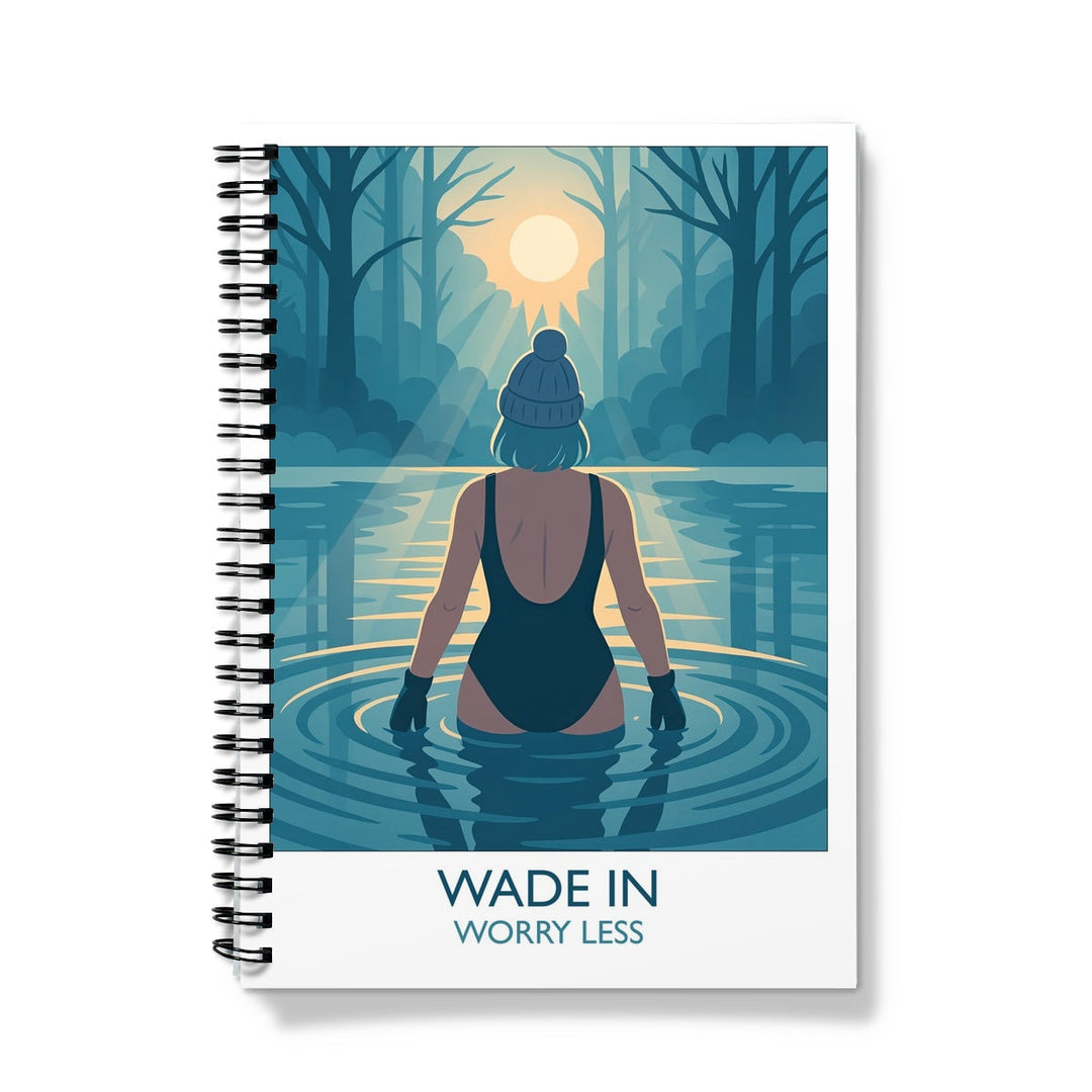 Wade In Worry Less notebook with cold water swimming illustration — spiral bound, A5 or A4, lined or graph pages