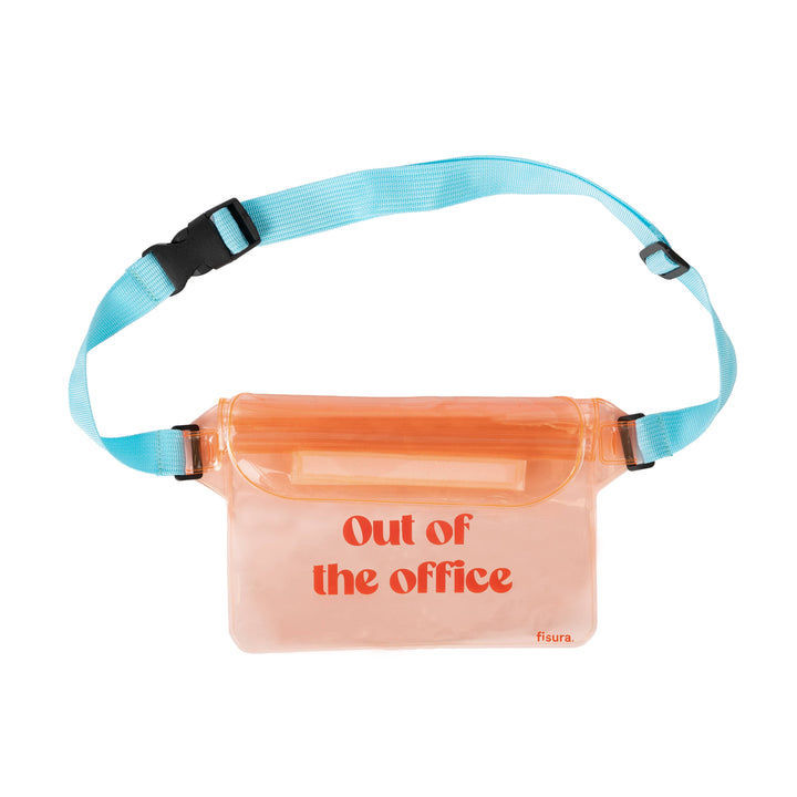Orange waist pack with blue strap and &