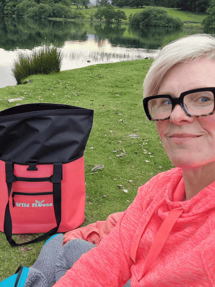 Brightly coloured tote bag designed to be easily seen from the water during open water swims