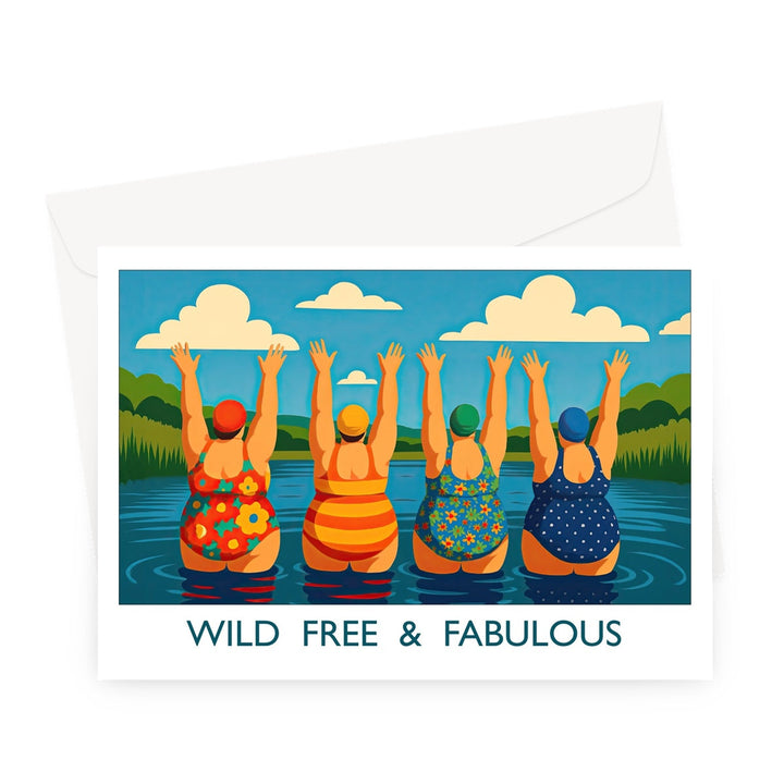 Greeting card illustration of four women wearing colourful swimsuits, celebrating the open water — a joyful design capturing the spirit of wild swimming and friendship.