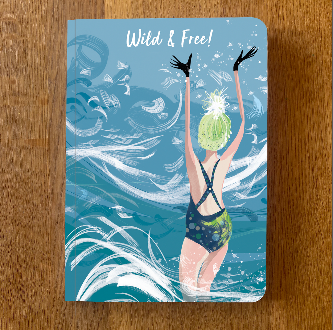 A5 Wild &amp; Free notebook by Lydia London featuring colourful artwork of an outdoor swimmer standing in swirling blue water.