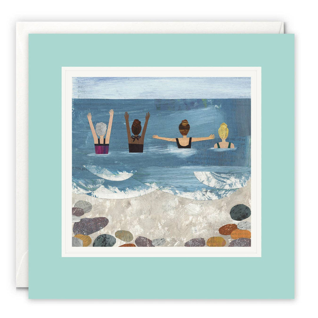 Wild Sea Swimmers blank art card illustrated by Christina Carpenter featuring four women wading into the sea together.