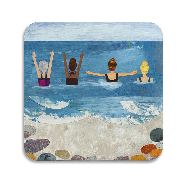 Wild Sea Swimmers coaster with an illustration by Christina Carpenter featuring four women wading into the sea together.