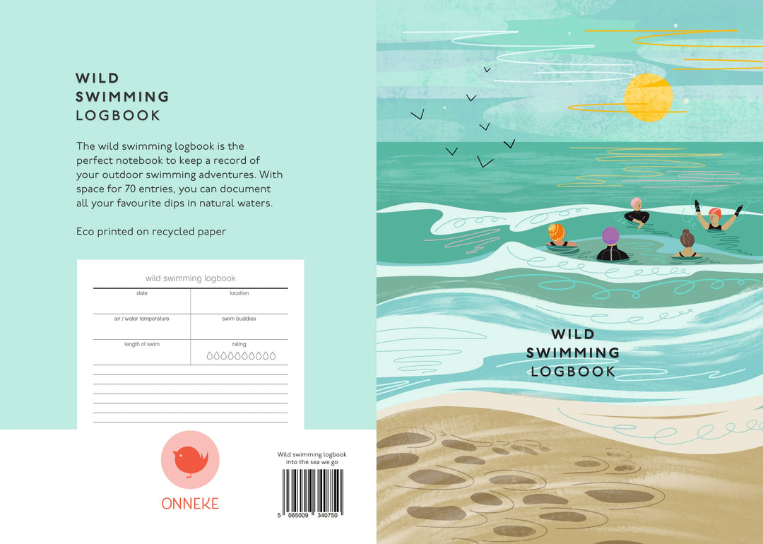 Wild swimming logbook by Onneke showing the front cover with a colourful illustration of a group of swimmers in the sea and the back cover.