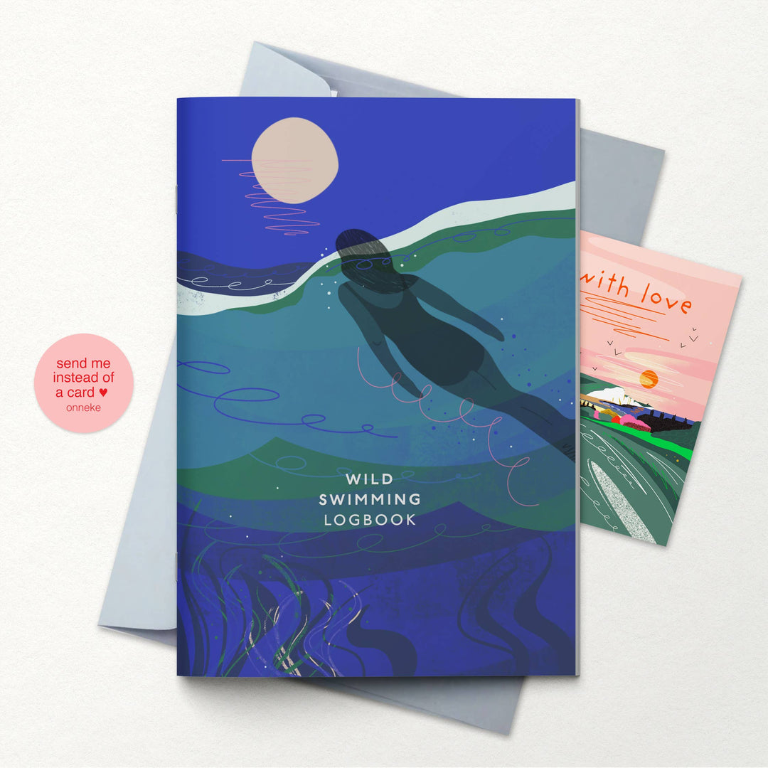 Onneke Full Moon Swim A5 wild swimming logbook with illustrated message card and envelope for posting as a gift