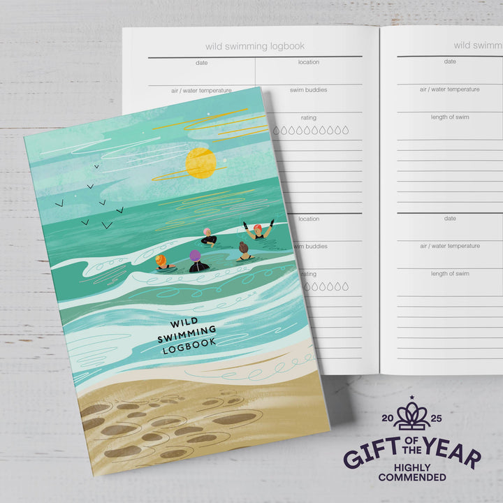 Wild Swimming Logbook by Onneke showing the illustrated cover and inside pages for recording wild swims.