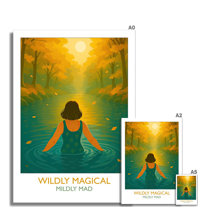 Wildly Magical Mildly Mad art print by Wild Swim Studio shown in multiple sizes from A0 to A5 — a vibrant open water swimming illustration available from Outdoor Swimmer Shop.
