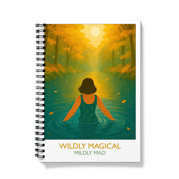 Wildly Magical Mildly Mad notebook cover with an illustration of a wild swimmer in an autumn river, spiral bound, A5/A4