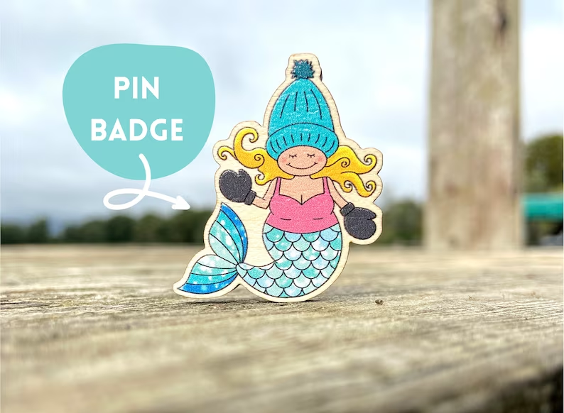 Mermaid Wild Swimmer Wooden Pin Badge