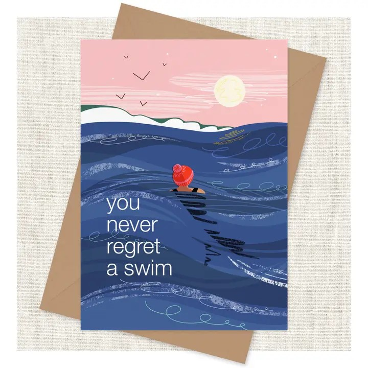 Eco-friendly greeting card for wild swimmers with Kraft envelope – “You Never Regret a Swim”.