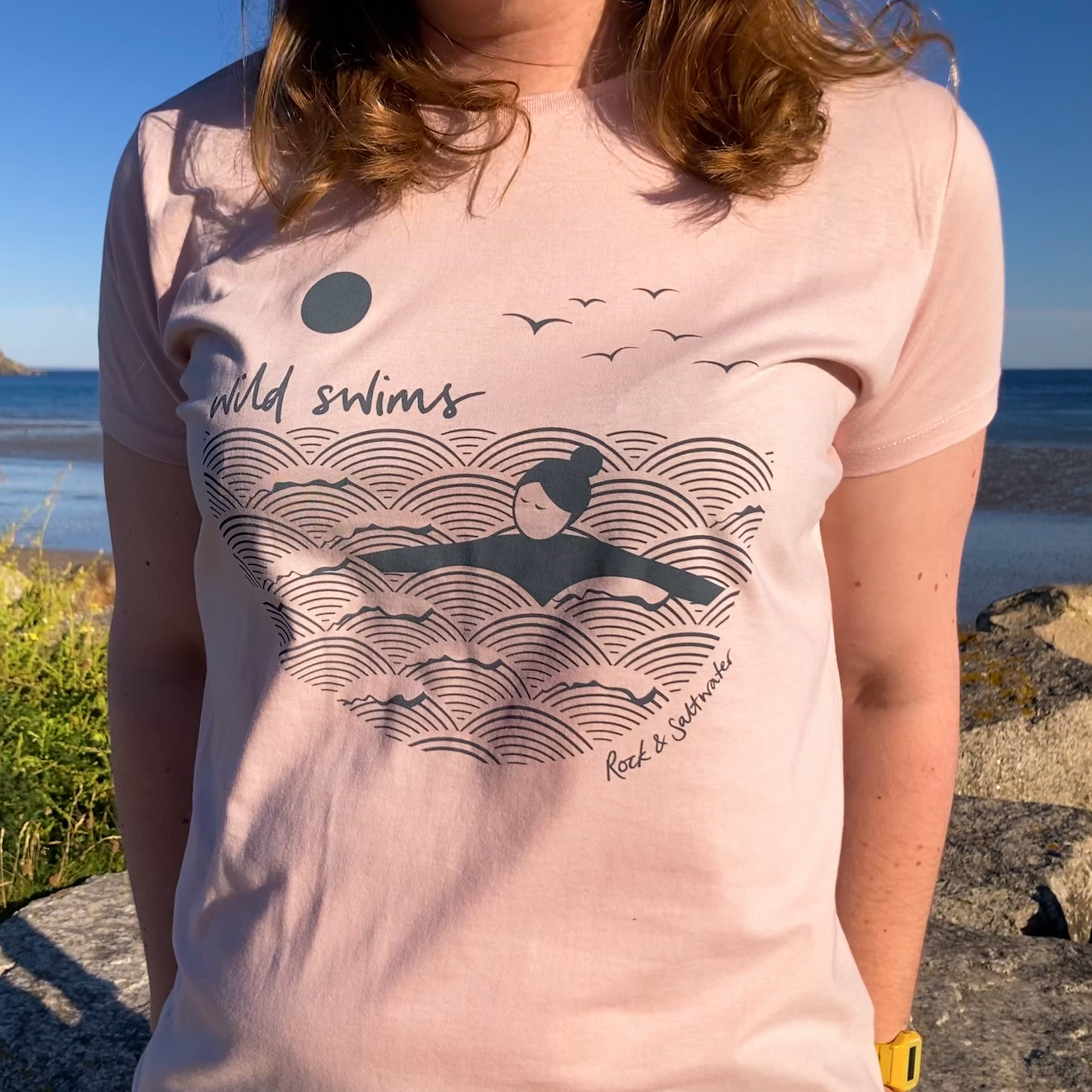 Evening pink | organic cotton hand screen printed wild swimming women's t-shirt