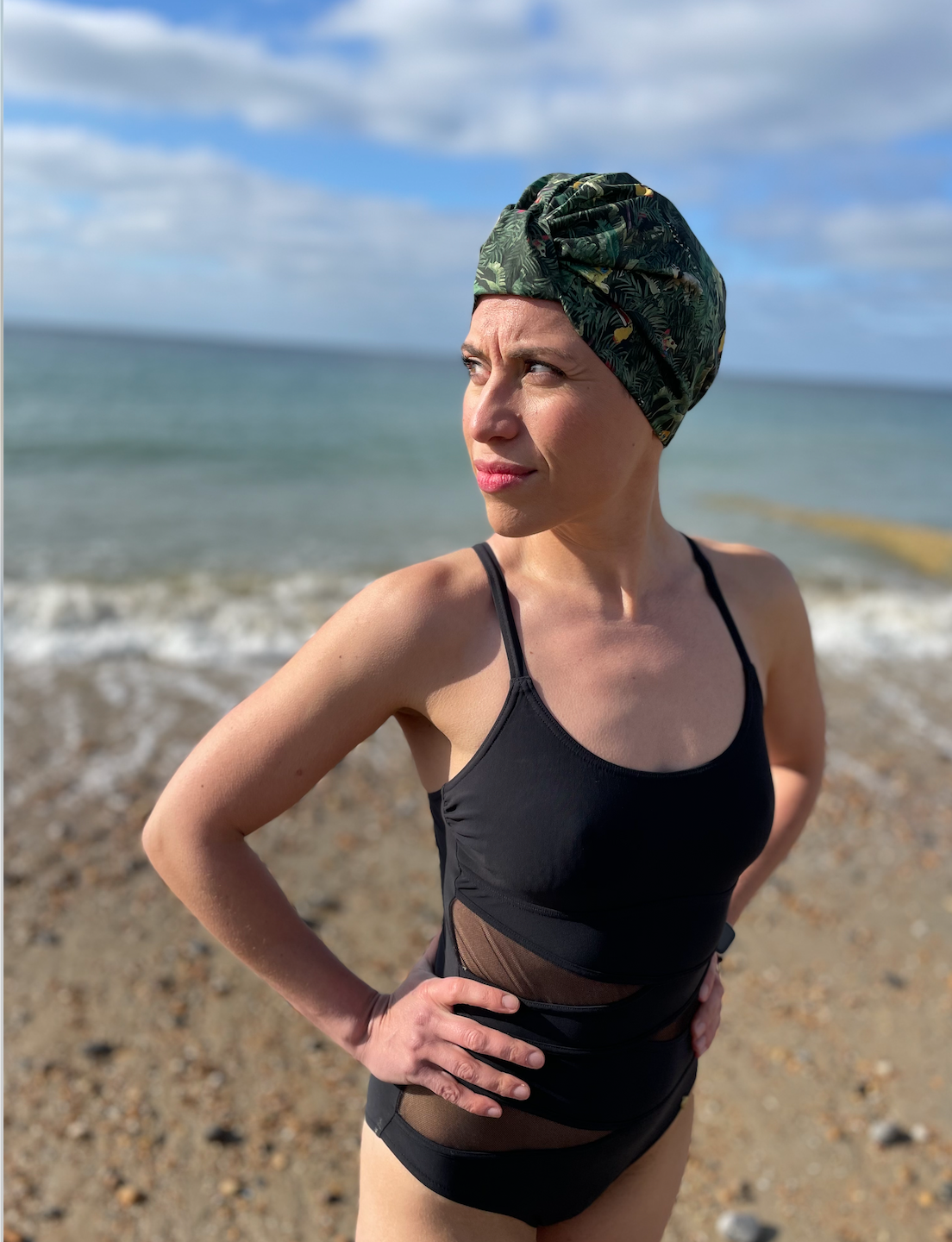 Salty Sea Knot - Swimming Cap Topper - Swim Turban - Green Tou-Can Hide Jungle print