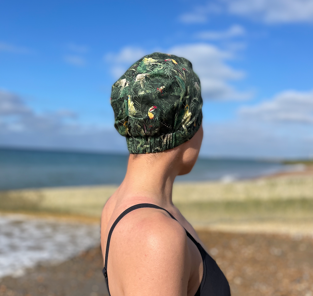 Salty Sea Knot - Swimming Cap Topper - Swim Turban - Green Tou-Can Hide Jungle print