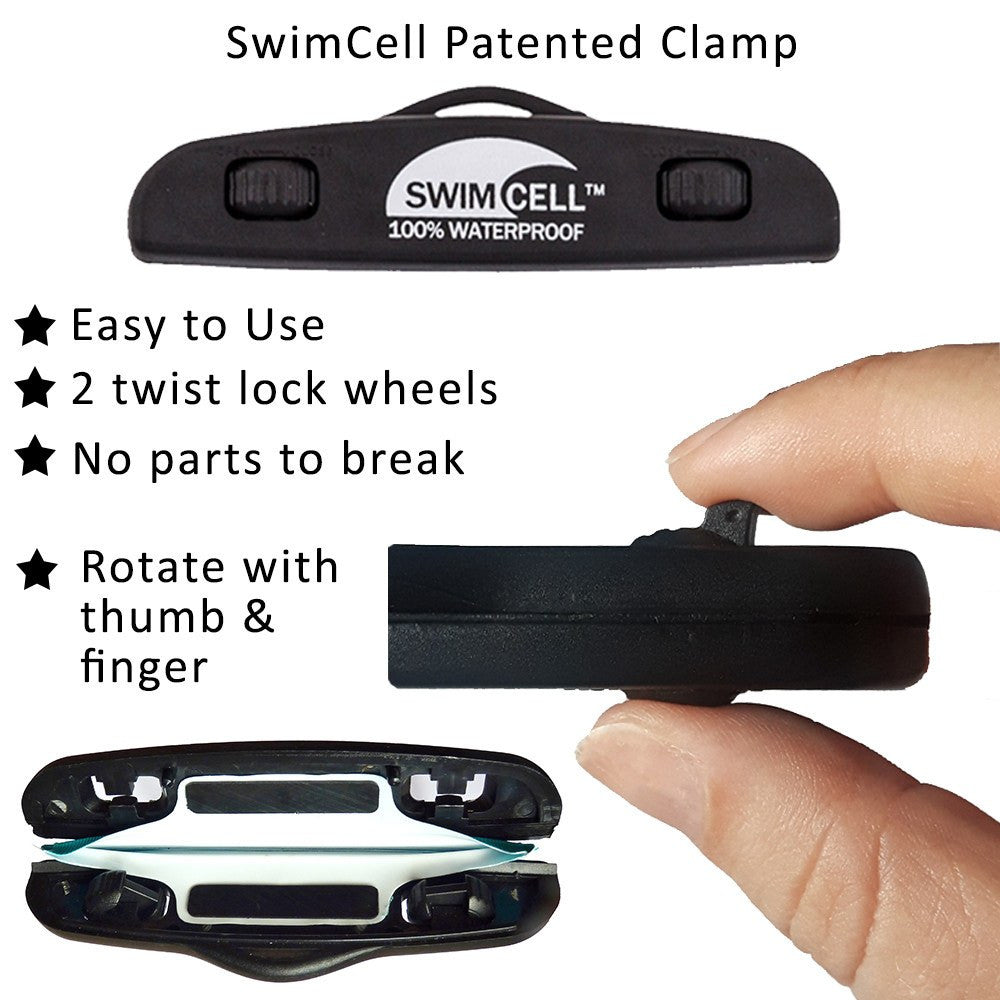 Our patented twist lock seal SwimCell clamp to make your phone waterproof