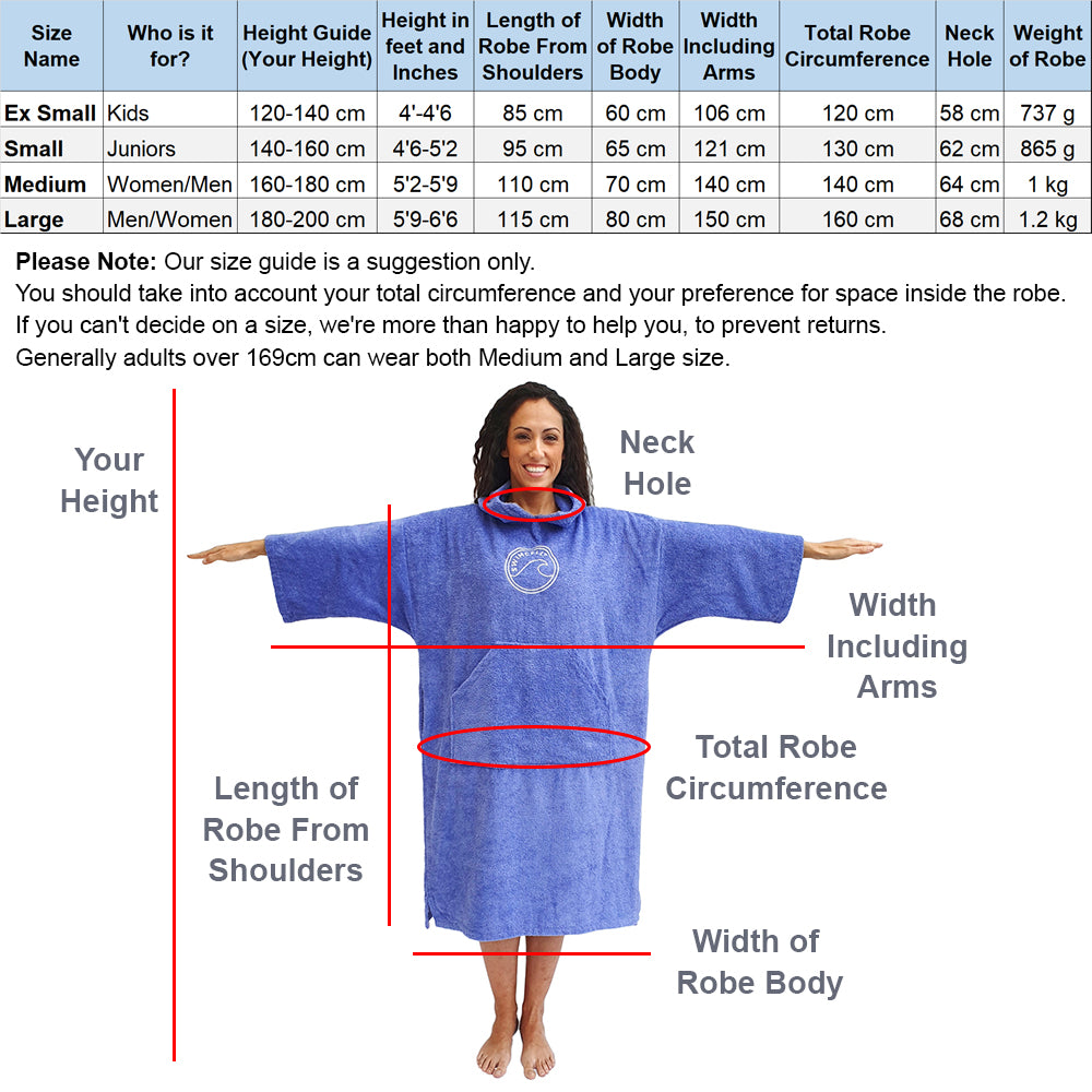 SwimCell Changing Robe Size Chart