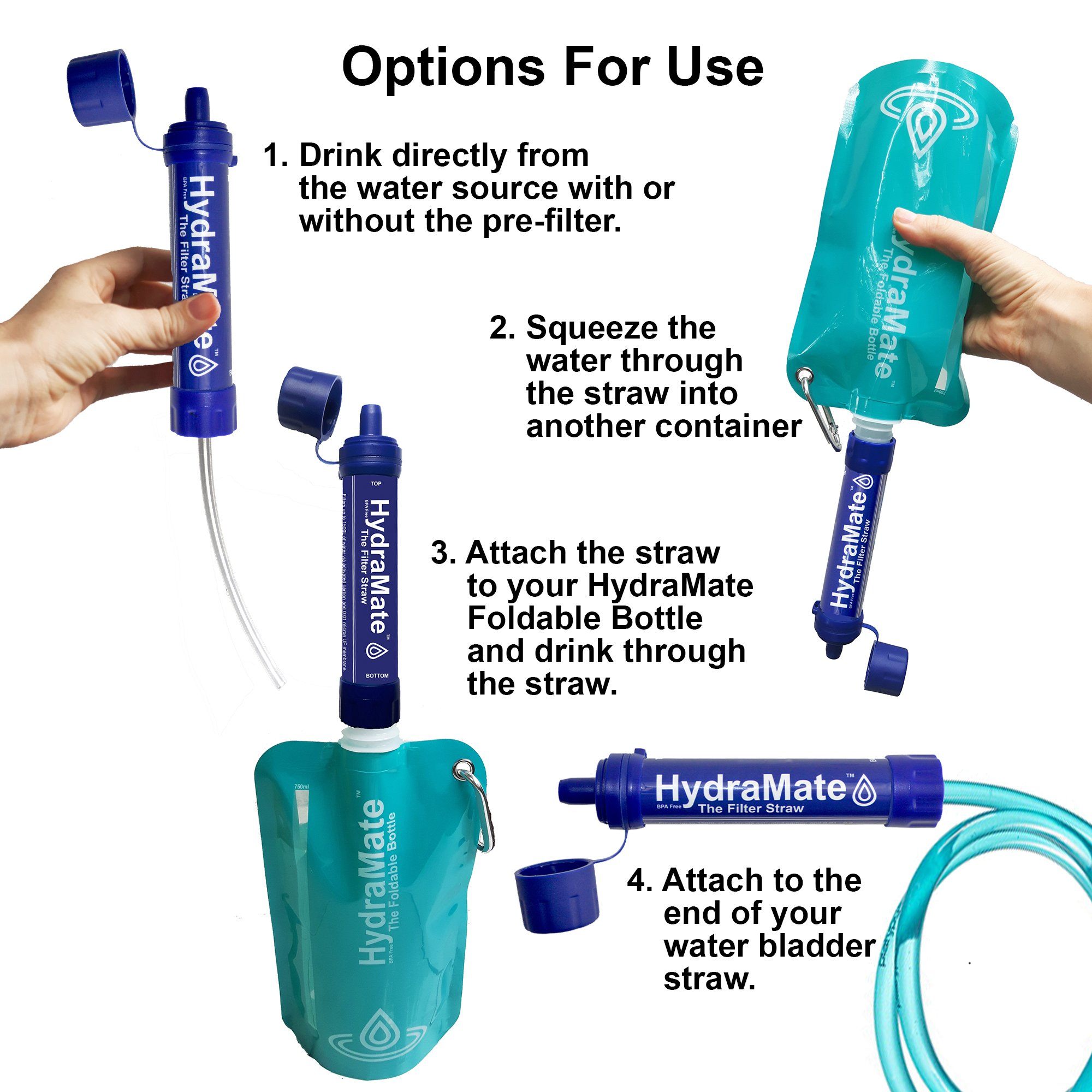 HydraMate Water Filter Straw Options for use