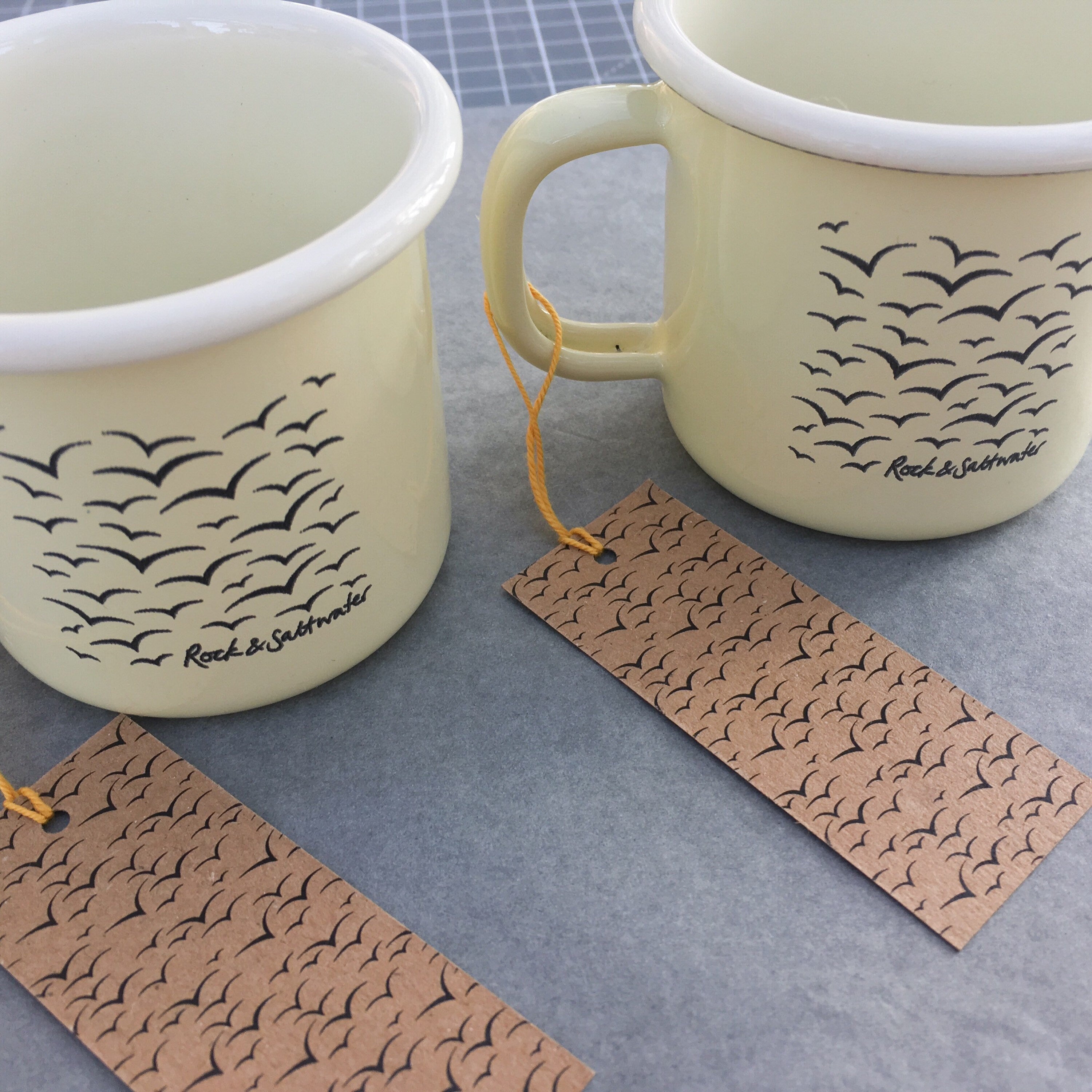 Clotted cream enamel espresso mug | laser etched seagull illustration
