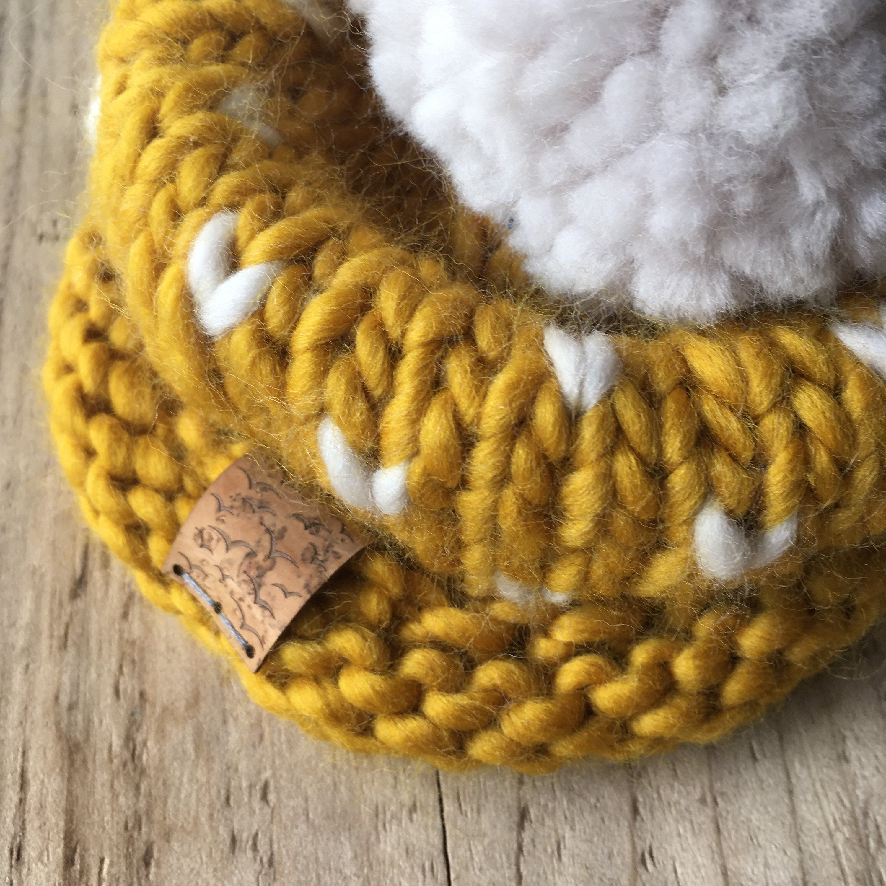 Bobble Hat | baby size | mustard yellow heart spot | merino wool handknit hat
