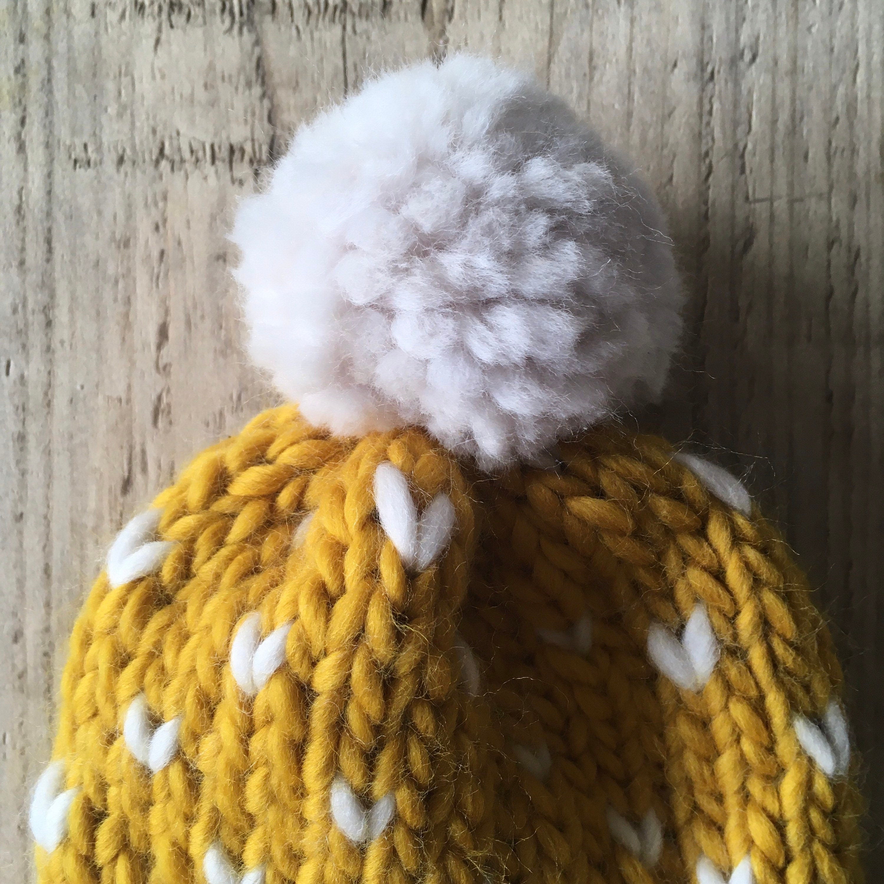 Bobble Hat | baby size | mustard yellow heart spot | merino wool handknit hat