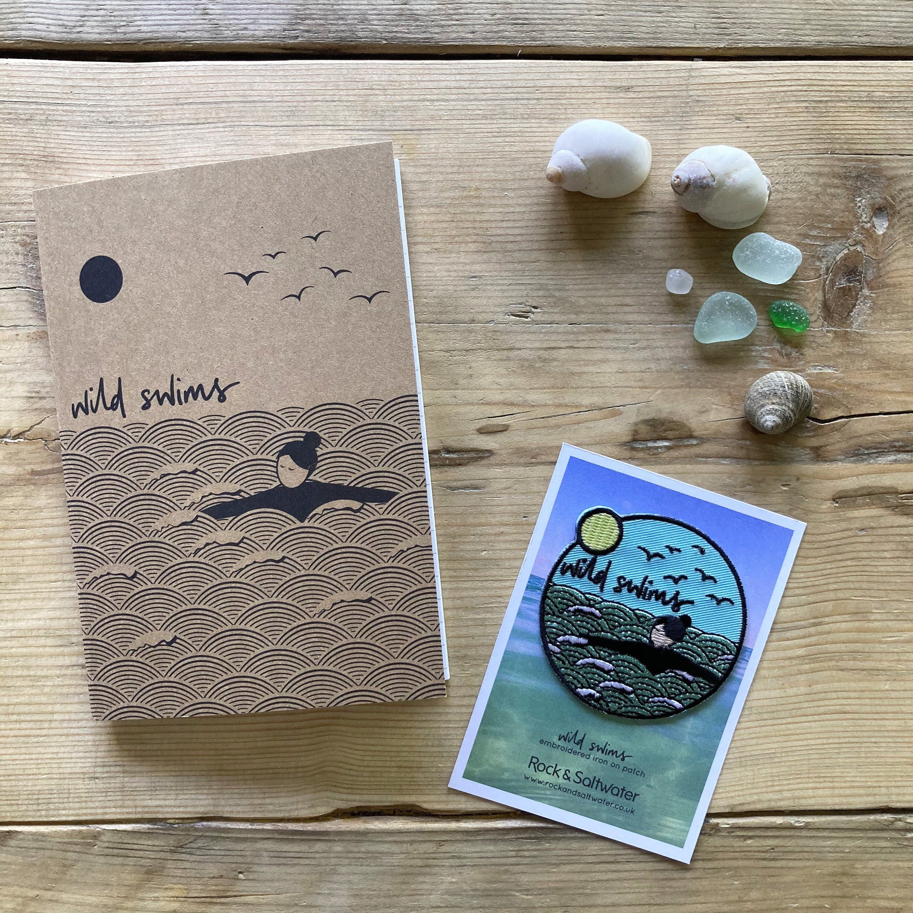 Gift set for a wild swimmer - wild swims A6 notebook and embroidered patch badge set