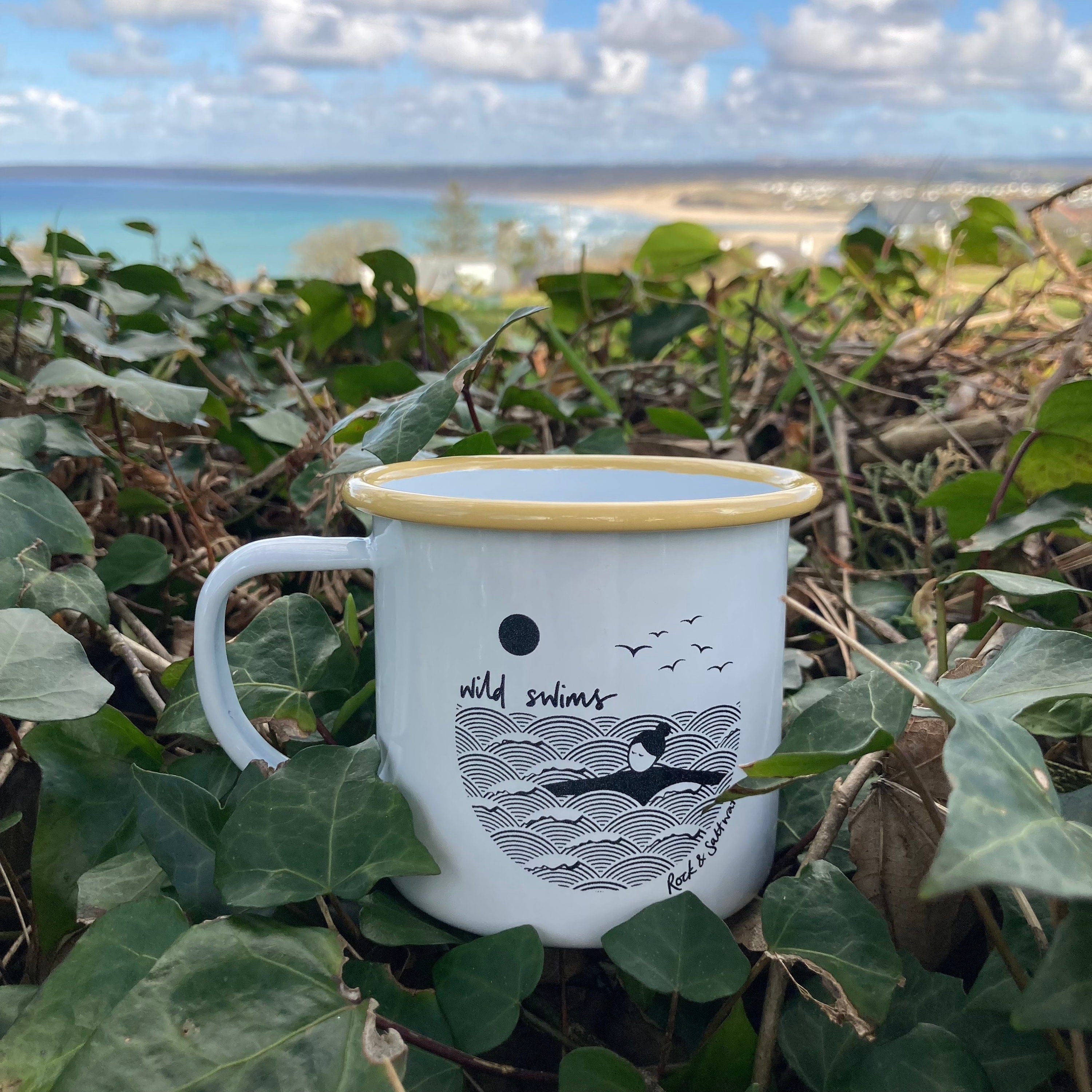 Wild swimming enamel mugs | yellow, blue or grey rim