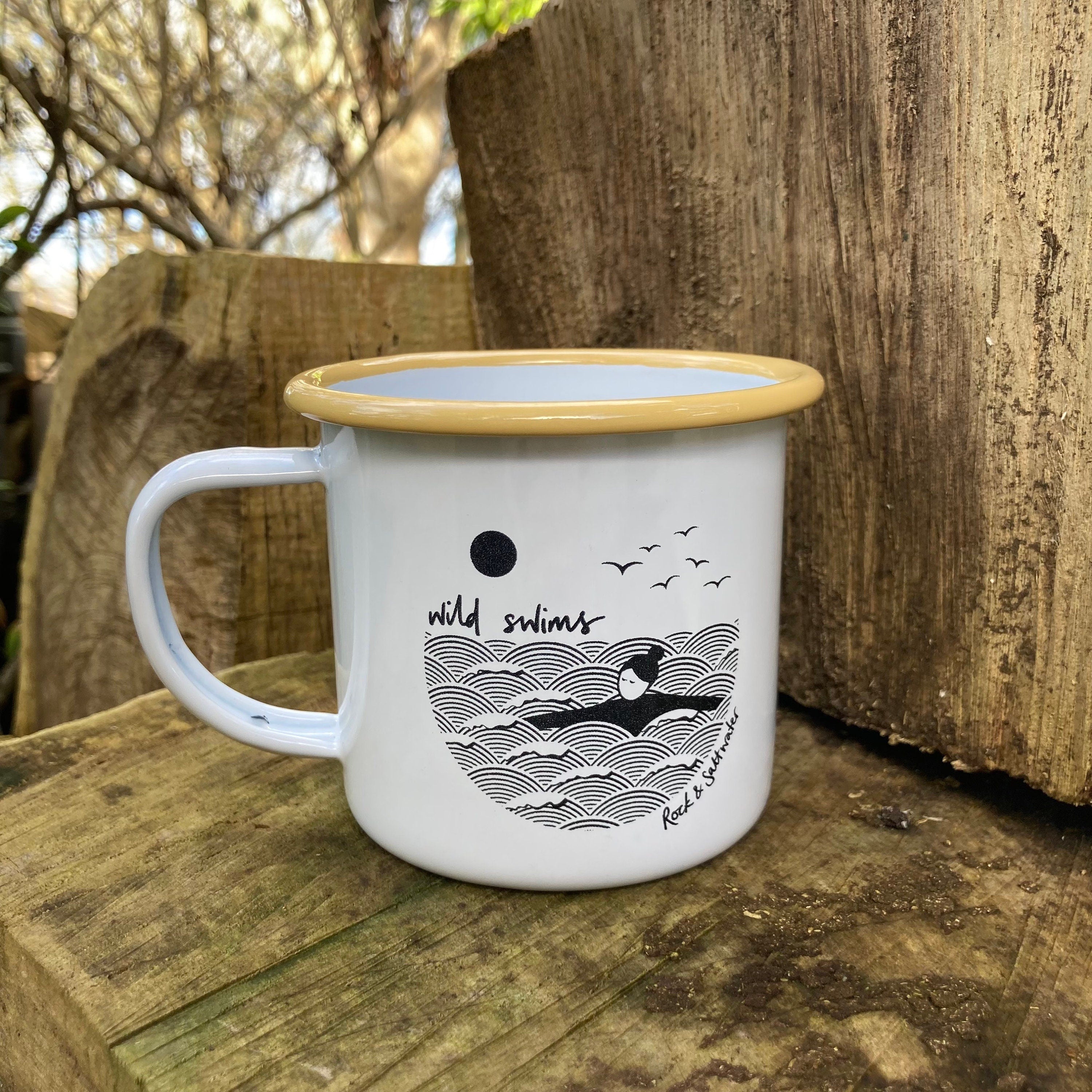 Wild swimming enamel mugs | yellow, blue or grey rim