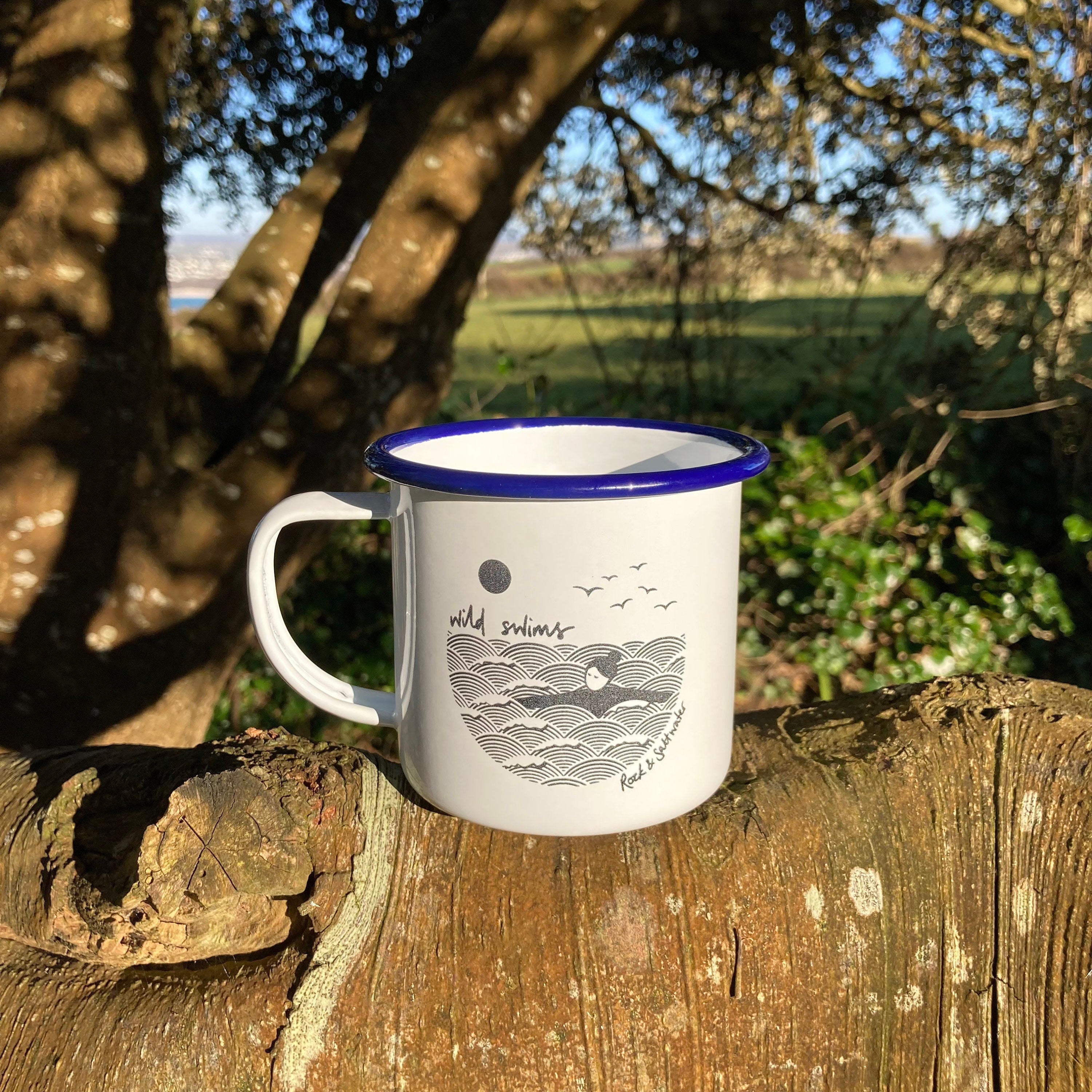 Wild swimming enamel mugs | yellow, blue or grey rim