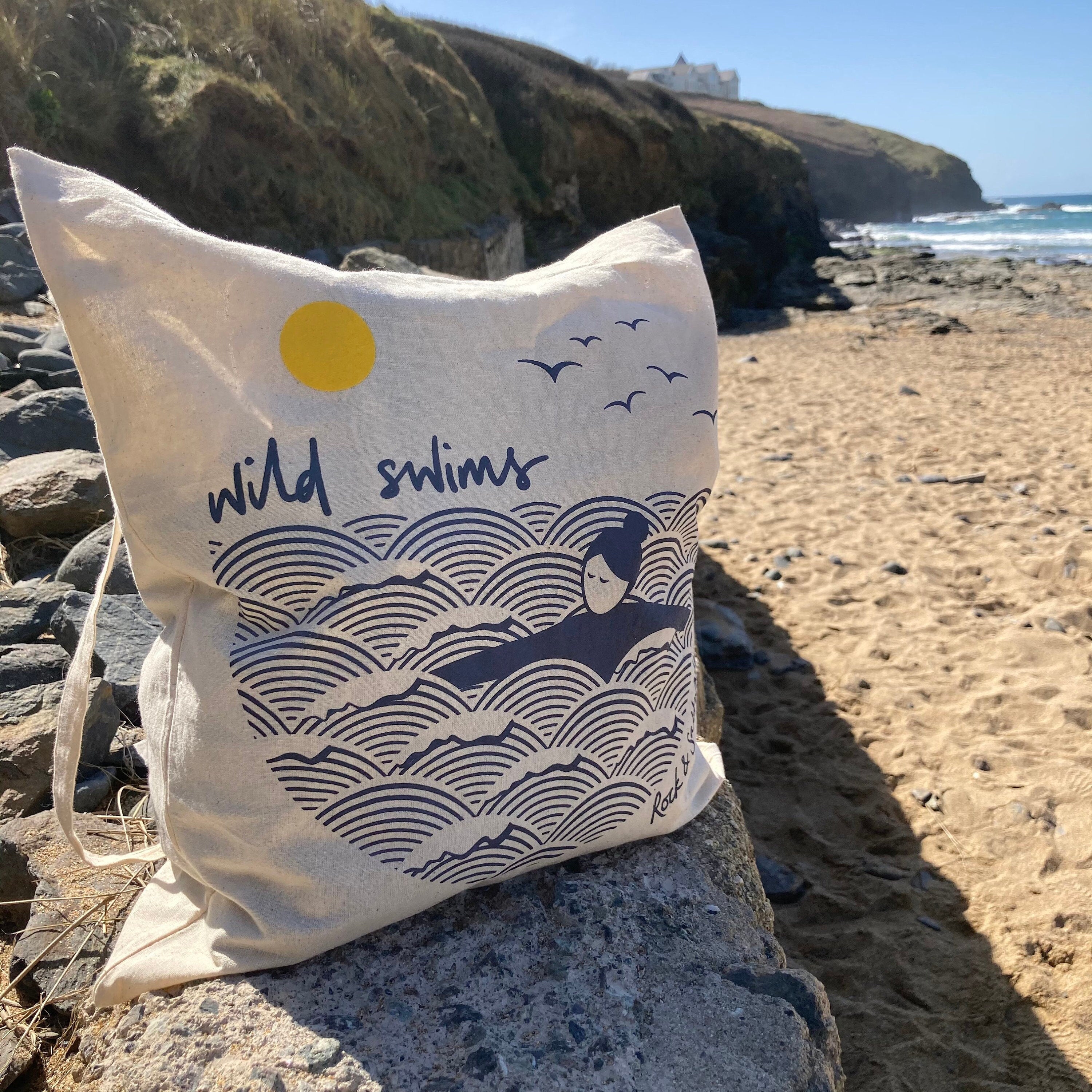 Wild swims screen printed cotton tote bag