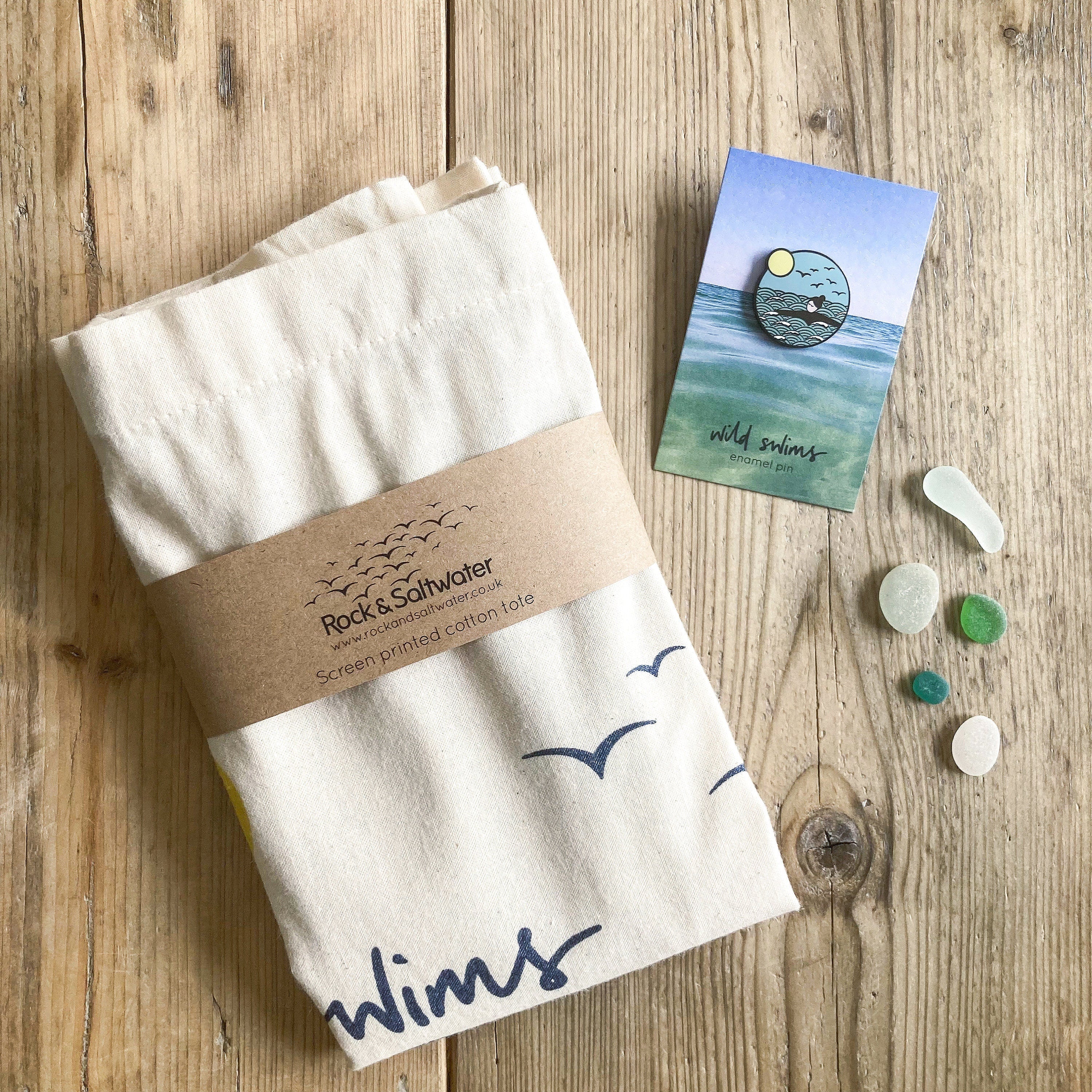 Gift set for a wild swimmer - wild swims enamel pin badge and screen printed tote bag set