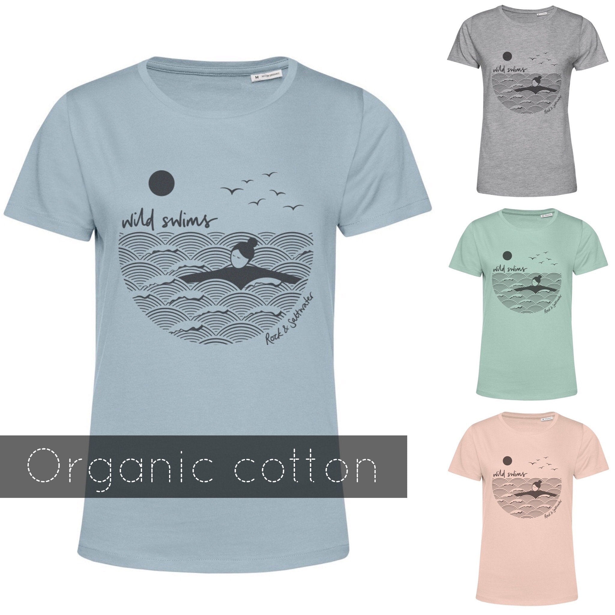 Haze blue | organic cotton hand screen printed wild swimming women's t-shirt
