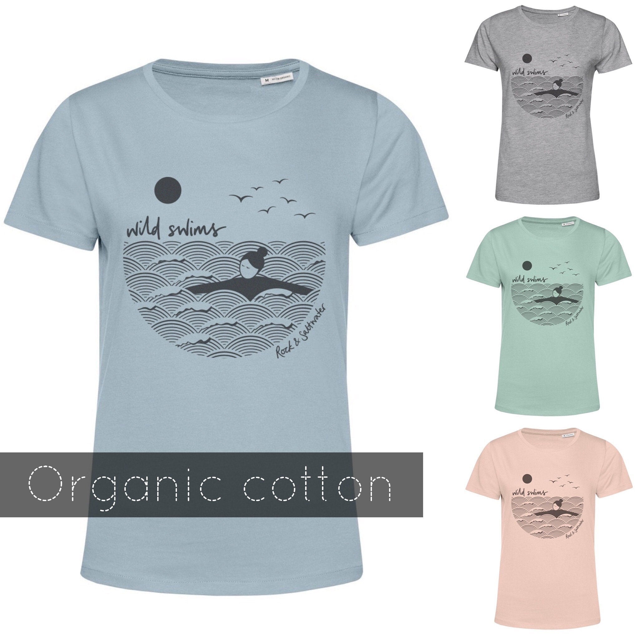 Evening pink | organic cotton hand screen printed wild swimming women's t-shirt