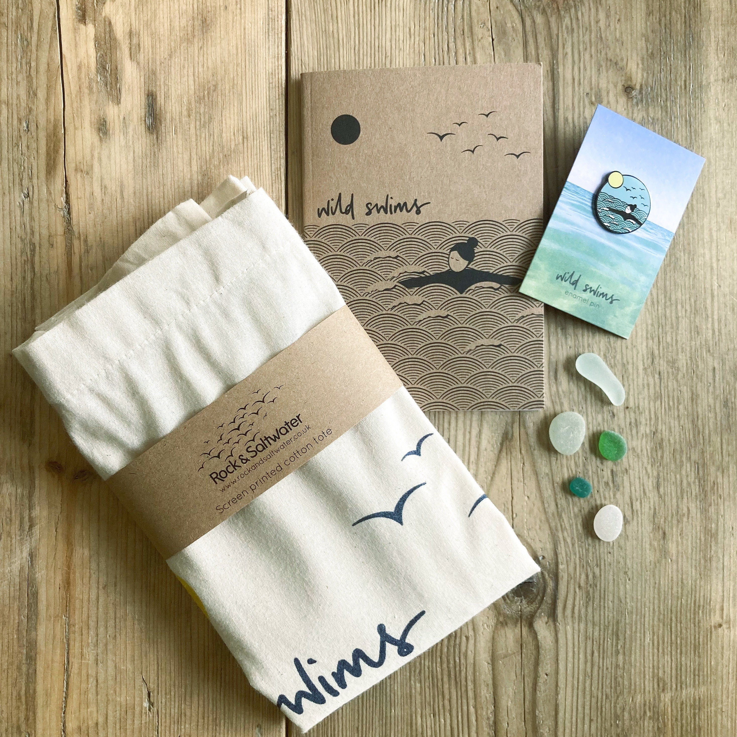 Gift bundle | wild swims enamel pin badge, A6 notebook and screen printed tote bag set