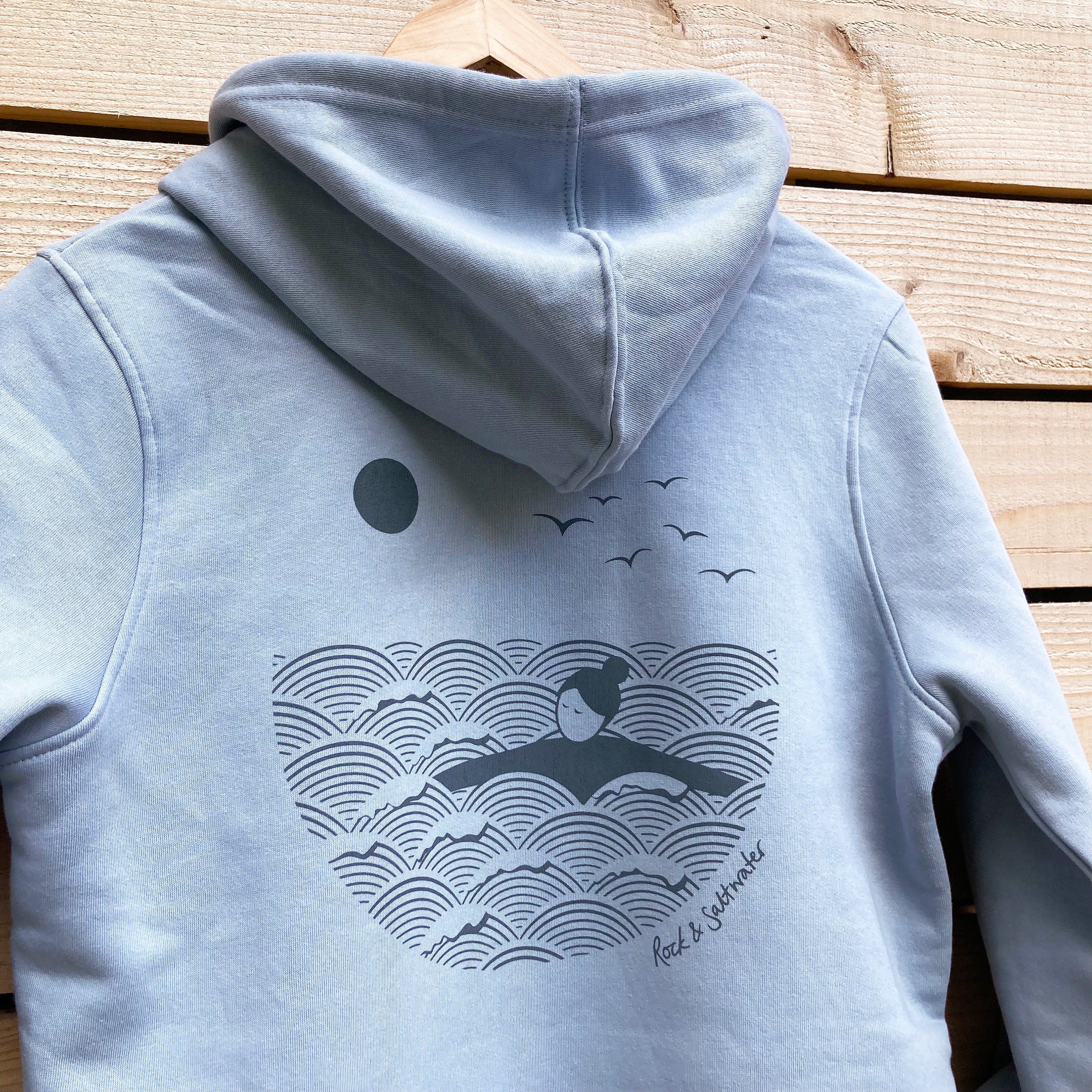 Haze blue | organic cotton screen printed wild swimming women's hoodie