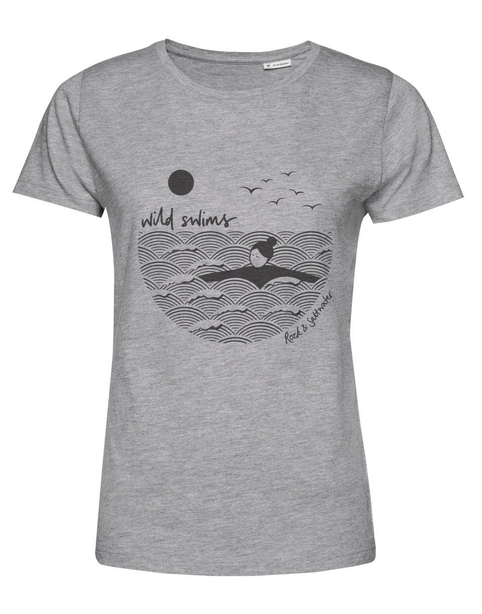 Fog grey | organic cotton hand screen printed wild swimming women's t-shirt