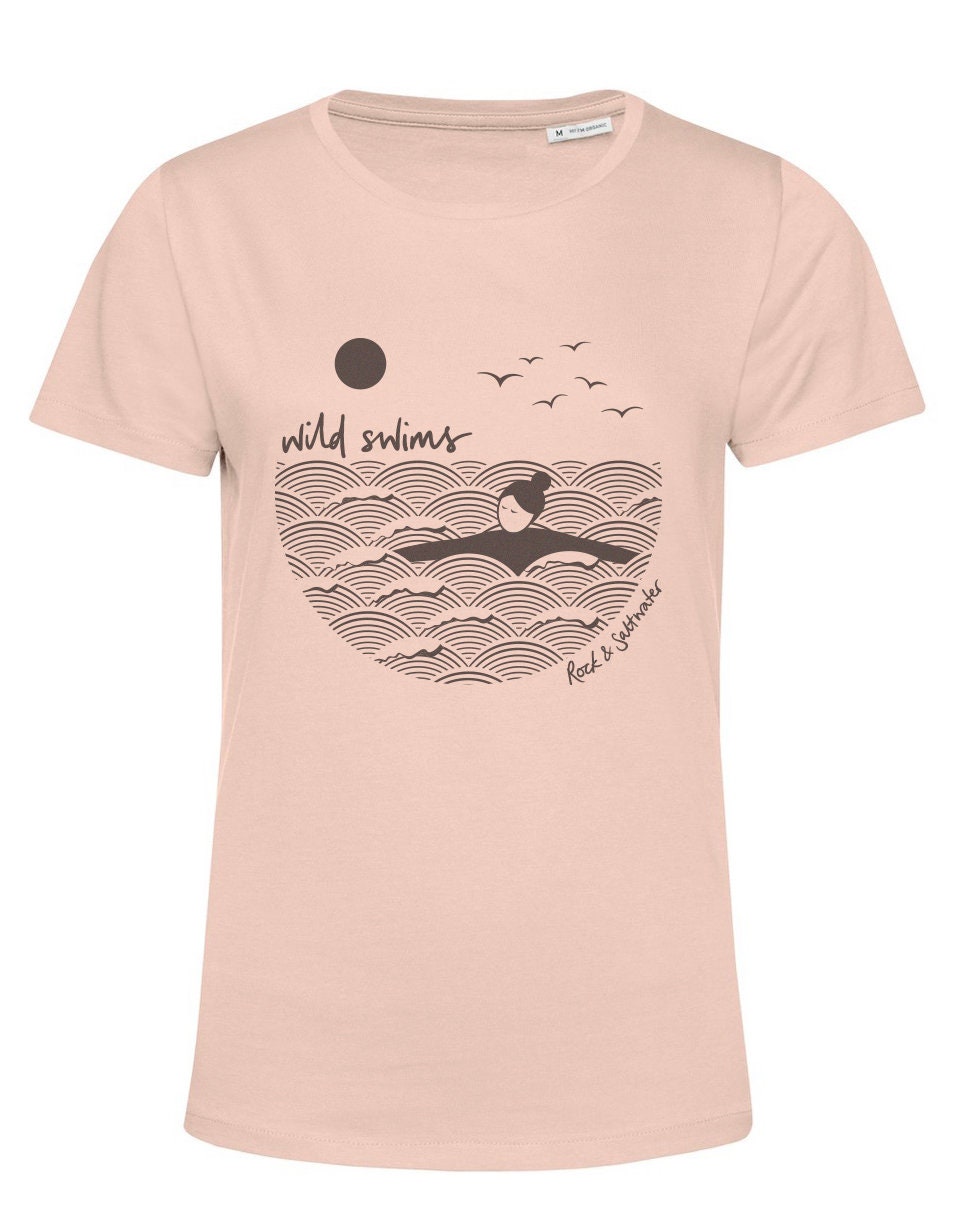 Evening pink | organic cotton hand screen printed wild swimming women's t-shirt