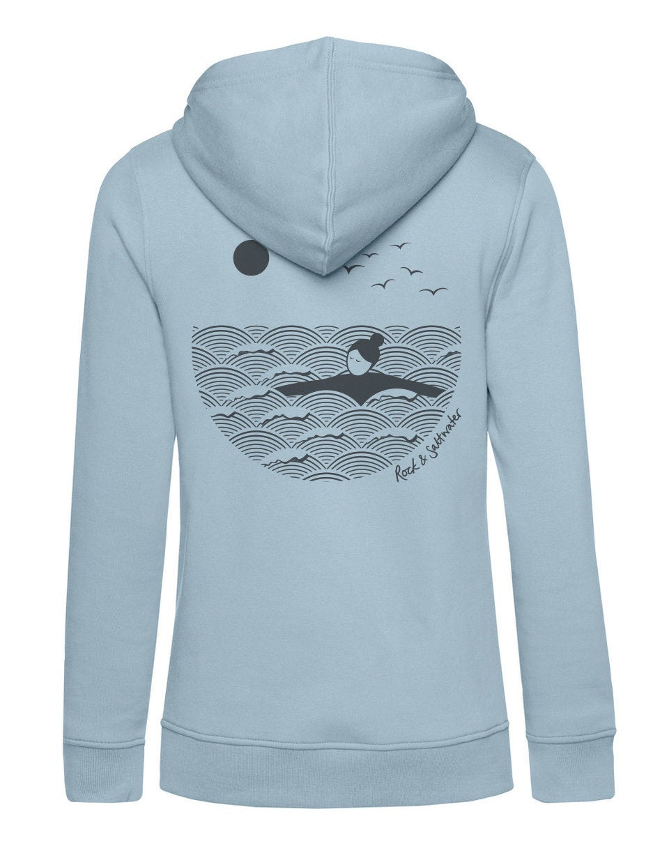 Haze blue | organic cotton screen printed wild swimming women's hoodie