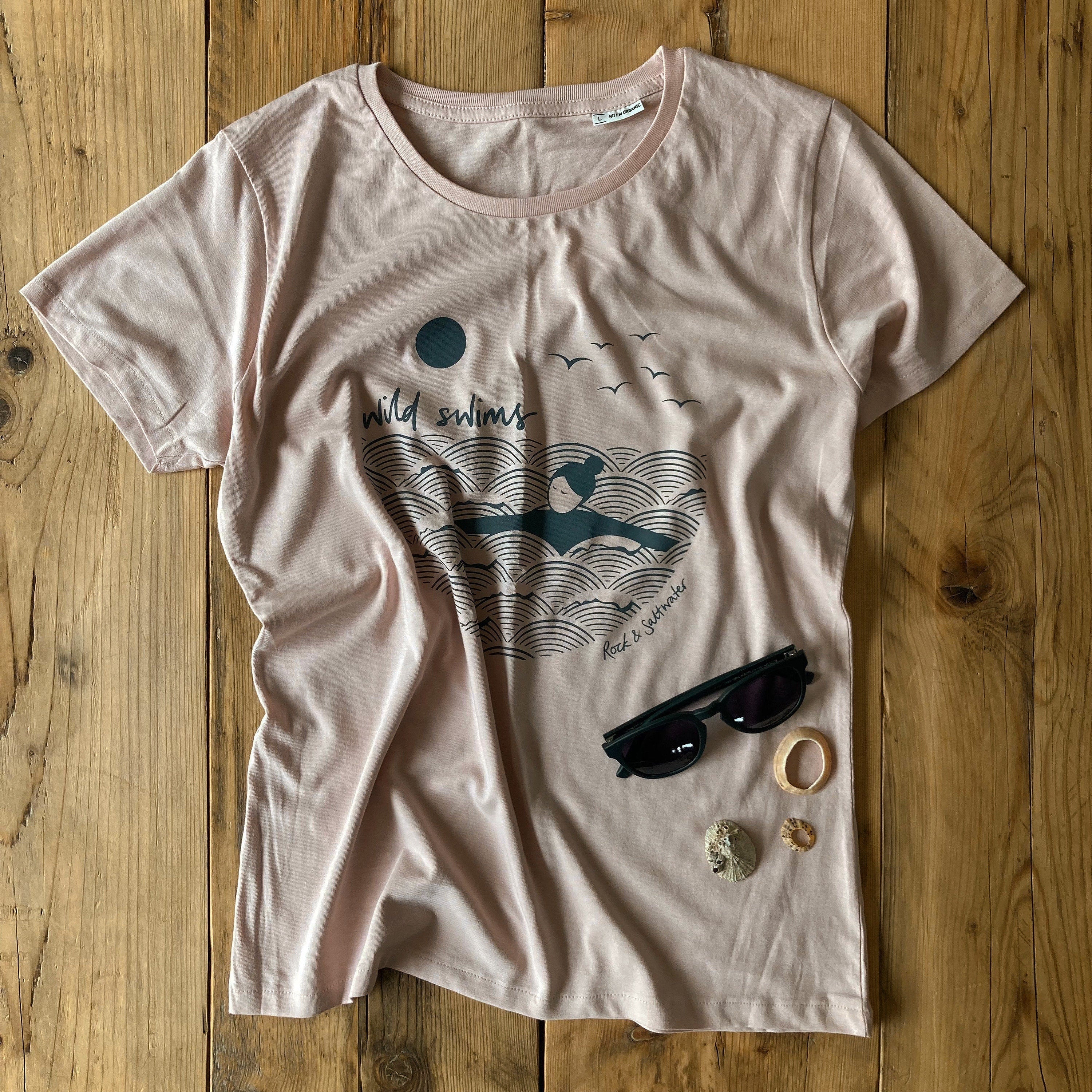 Evening pink | organic cotton hand screen printed wild swimming women's t-shirt